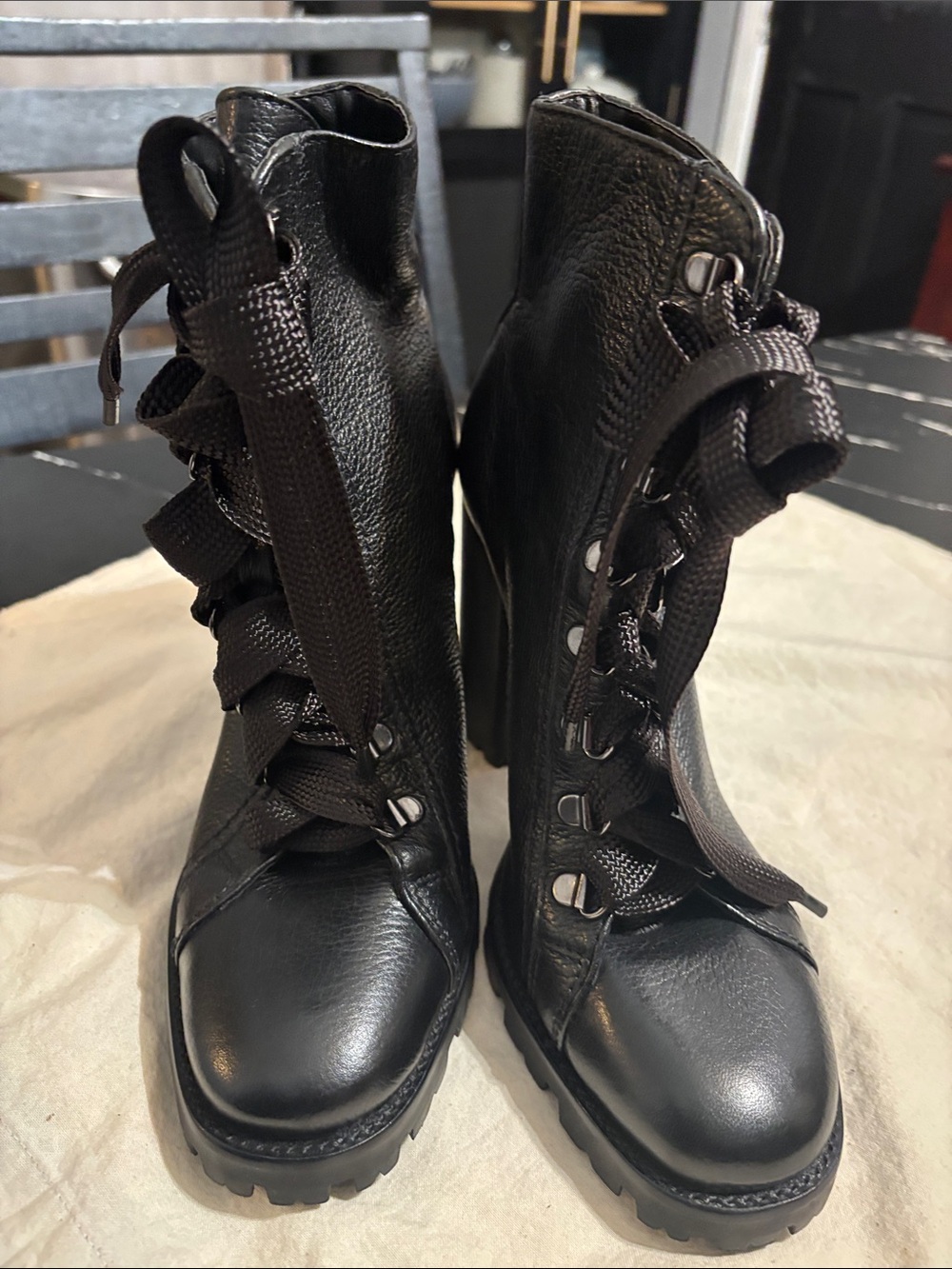 SCHUTZ Black Lace-Up Leather Combat Ankle Boots